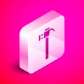 Isometric Hammer icon isolated on pink background. Tool for repair. Silver square button. Vector