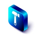 Isometric Hammer icon isolated on white background. Tool for repair. Blue square button. Vector Illustration