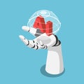 Isometric Hand of Artificial Intelligence Robot Holding Futuristic Globe with Connection Network Royalty Free Stock Photo