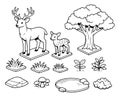 Isometric hand drawn line art nature elements set featuring a deer family, tree, pond and natural objects for game Royalty Free Stock Photo