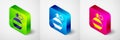 Isometric Hand grenade icon isolated on grey background. Bomb explosion. Square button. Vector