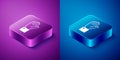 Isometric Hand holding auction icon isolated on blue and purple background. Bidding concept. Auction competition. Square Royalty Free Stock Photo