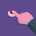 Isometric hand presses red button, start up concept. Vector illustration Royalty Free Stock Photo