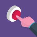 Isometric hand presses red button, start up concept. Vector illustration Royalty Free Stock Photo