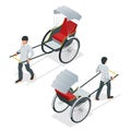 Isometric Hand Pulled Rickshaw, Rickshaw China or Indian vector. Front and rear view.