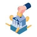 Isometric Hand Saving Coin in Bank Building