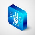 Isometric Hand showing two finger icon isolated on grey background. Victory hand sign. Blue square button. Vector Royalty Free Stock Photo