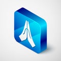 Isometric Hands in praying position icon isolated on grey background. Prayer to god with faith and hope. Blue square Royalty Free Stock Photo