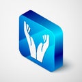 Isometric Hands in praying position icon isolated on grey background. Prayer to god with faith and hope. Blue square