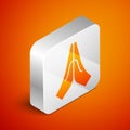 Isometric Hands in praying position icon isolated on orange background. Prayer to god with faith and hope. Silver square