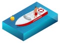 Isometric handsome male lifeguard with life buoy at boat. Lifeguard on the beach.Safety while swimming. Beach emergency