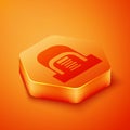 Isometric Hangar with servers icon isolated on orange background. Server, Data, Web Hosting. Orange hexagon button