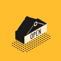 Isometric Hanging sign with text Open door icon isolated on yellow background. Vector Illustration