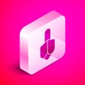 Isometric Hanukkah dreidel icon isolated on pink background. Silver square button. Vector