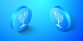 Isometric Hanukkah menorah icon isolated on blue background. Religion icon. Hanukkah traditional symbol. Holiday