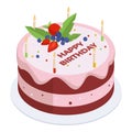 Isometric Happy birthday cake. Sweet pastry dessert with HB candles, tasty bakery chocolate or vanilla cake flat vector Royalty Free Stock Photo