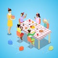 Isometric Happy Birthday Party Celebration with Children and Cake