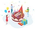 Isometric happy birthday party people celebration concept. Characters celebrating birthday event, congratulate birthday
