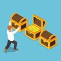 Isometric happy businessman with opened treasure chest.