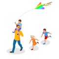 Isometric happy family father and child daughter launch a kite on nature. Outdoor, playing with wind toy on weekend Royalty Free Stock Photo