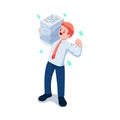 Isometric Happy Healthy Businessman Carrying Stack of Document