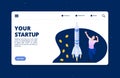 Isometric happy man and spase ship - startup vector landing page template