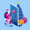Isometric happy Santa Claus with a sack full of colorful boxed gifts. Delivery Service man in Holiday clothes. Christmas