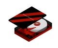 Isometric hard drive with an open cover in red and black, maximum performance. Internal organization. Isolated vector on white
