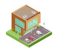Isometric hardware store. Location with 3D building people parking cars. Hardware store vector illustration