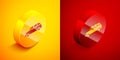 Isometric Hatchback car icon isolated on orange and red background. Circle button. Vector