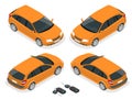 Isometric hatchback and car keys. Vector 3d flat transport. Car hatchback.