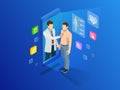 Isometric healthcare, diagnostics and online medical consultation app on smartphone. Digital health concept with a