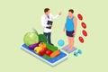 Isometric Healthy food and Diet planning concept. Doctor s consultation for an overweight patient. Health risk, obesity