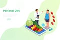 Isometric Healthy food and Diet planning concept. Healthy eating, personal diet or nutrition plan from dieting expert