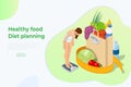 Isometric Healthy food and Diet planning concept. Healthy eating, personal diet or nutrition plan from dieting expert