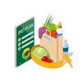 Isometric Healthy food and Diet planning on smartphone. Healthy eating, personal diet or nutrition plan from dieting