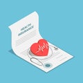 Isometric heart and stethoscope on health insurance contract document Royalty Free Stock Photo