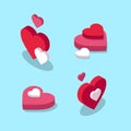 Isometric hearts collection for Valentine`s day celebration. Cute flat 3d heart set in white, red and pink colors