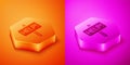 Isometric Help icon isolated on orange and pink background. Hexagon button. Vector