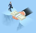 Isometric helping hand with dollar bill bridging economy gap assisting business people to overcome financial