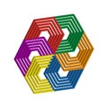 Isometric hexagon icon. Interwoven prism shape. Vibrant rainbow Vector. Geometric puzzle unity. Royalty Free Stock Photo