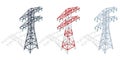 Isometric high voltage transmission lines and power pylons. Electricity pylons. Electric Energy Factory Distribution