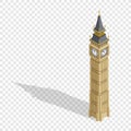 Isometric highly detailed Big Ben tower on transparent background.