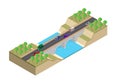 Isometric highway on the bridge over the river