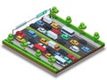 Isometric highway with traffic jam. 3d transportation vector concept with cars and trucks