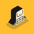 Isometric Hiking backpack icon isolated on yellow background. Camping and mountain exploring backpack. Vector