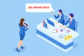 Isometric hiring and recruitment, job candidates and job centre concept. Job interview, recruitment agency. HR job