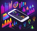 Isometric holographic diagrams, graphs, finance analysis on the smartphone screen, bright illustration,