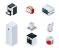 Isometric Home appliances. Set of household kitchen technics Coffee maker, toaster, microwave, kettle