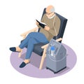 Isometric Home Medical Oxygen Concentrator. Concept of healthcare, life, pensioner. Senior man with Chronic obstructive